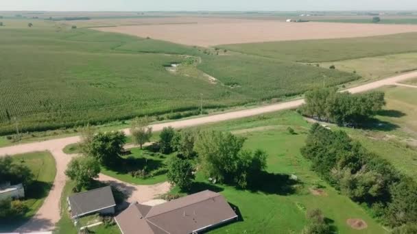 アメリカ ネブラスカ州の夏の終わり頃の農場とトウモロコシ畑の空中ドローンの眺め — ストック動画