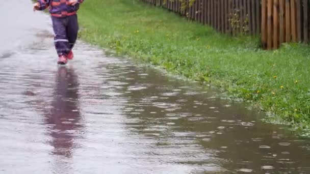 Kind Loopt Vrolijk Een Regenplas Met Grote Spatten Slow Motion — Stockvideo