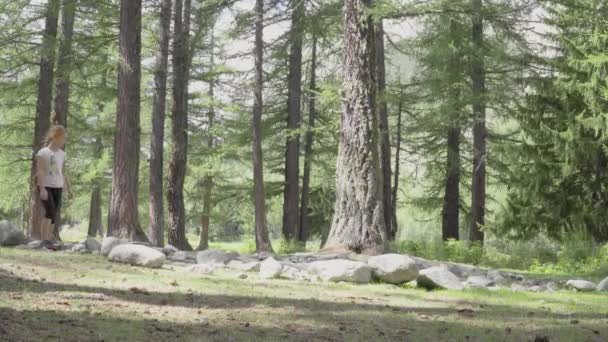 Kislányok Sziklákon Sétálnak Erdőben — Stock videók
