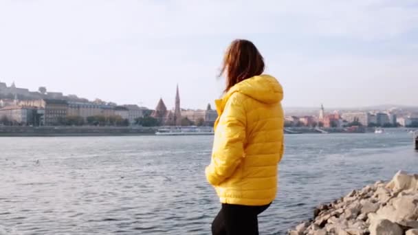 Una Mujer Mirando Otro Lado Del Río Con Una Hermosa — Vídeos de Stock