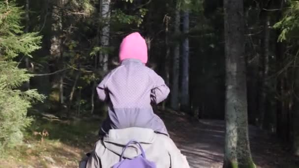 Kind Paardrijden Rug Schouders Van Moeder Tijdens Een Familiewandeling — Stockvideo