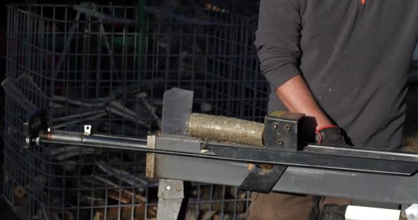 Cortadora Troncos Cortando Madera Hombre Caucásico Preparándose Para Frío Invierno — Vídeo de stock