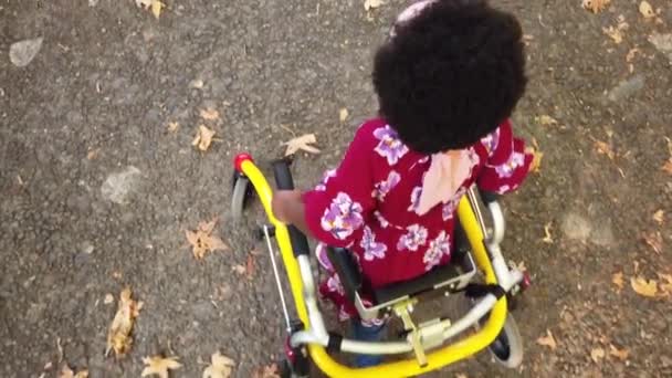 Fille Noire Avec Paralysie Cérébrale Marchant Dans Parc Avec Son — Video