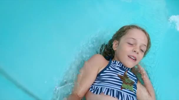 Close Smiling Young Girl Going Water Slide Slow Motion — Stock Video