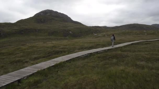 Chica Caminando Senderismo Parque Nacional Connemara Sendero Con Tablones Madera — Vídeos de Stock