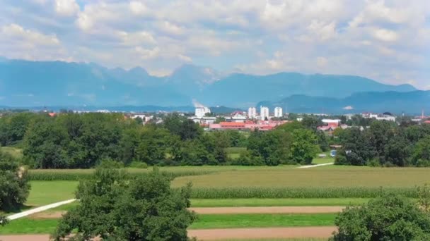 Vista Las Tierras Cultivo Detrás Los Árboles Con Ciudad Fondo — Vídeo de stock