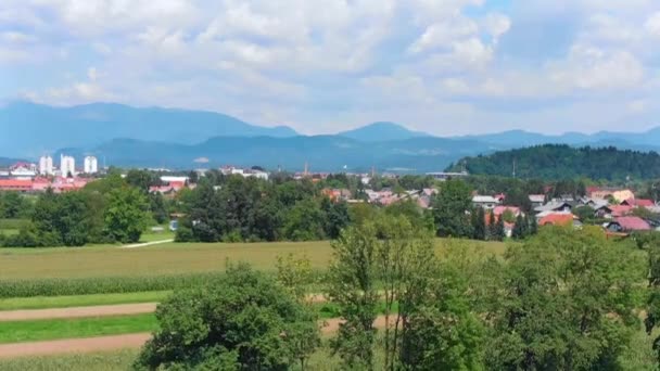 Vista Las Tierras Cultivo Detrás Los Árboles Con Ciudad Fondo — Vídeos de Stock