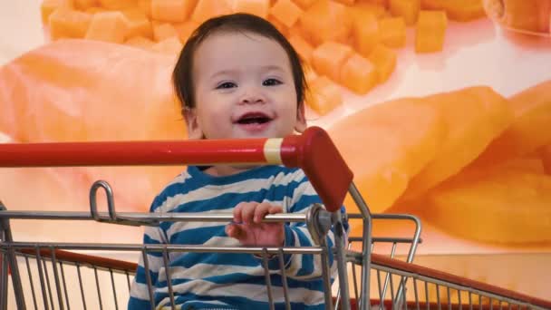 Happy Smiling Baby Boy Cutely Sitting Shopping Cart Food Shop — Stock Video