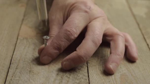 Mano Con Cacciavite Manuale Fissare Vite Nel Legno — Video Stock