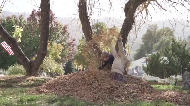 Δύο Παιδιά Που Παίζουν Ένα Σωρό Από Φύλλα Και Πετάνε — Αρχείο Βίντεο