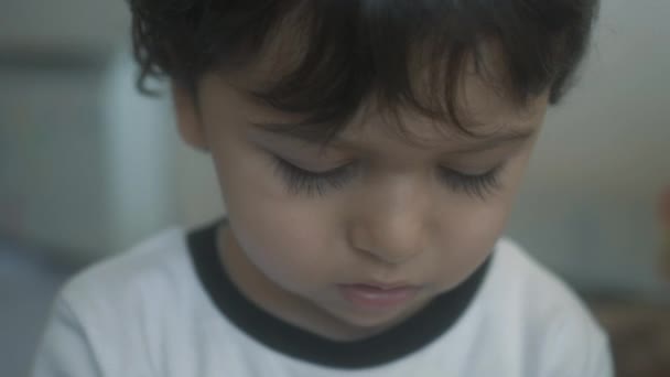 Close Portrait Shot Little Boy Toddler Looking His Hands — Stock Video