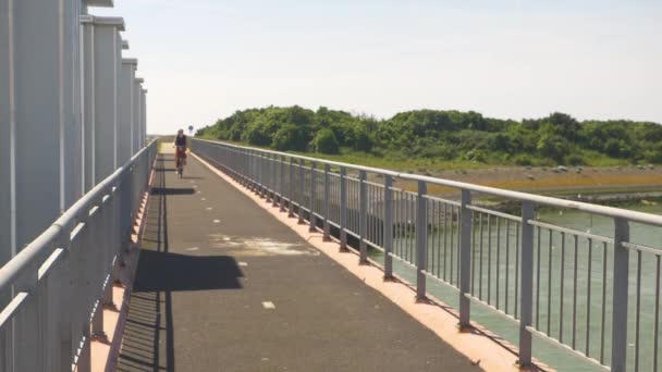 Une Jeune Fille Blonde Traversant Une Rivière Vélo Sur Pont — Video