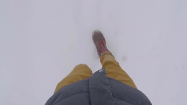 Pov Tiro Pessoa Caminhando Neve Câmera Lenta — Vídeo de Stock