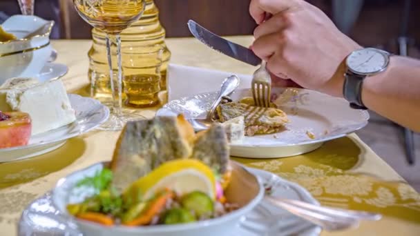 在斯洛文尼亚普利皮宾馆举行的成年男性享受晚餐的低角度视图 慢动作 — 图库视频影像
