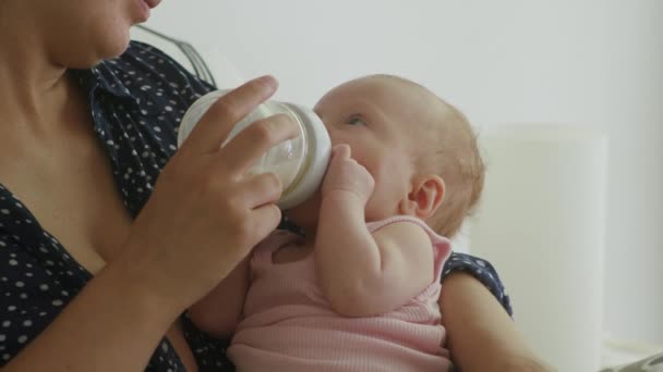 Восьминедельный Ребенок Пьет Бутылку Грудного Молока Теплых Руках Матери — стоковое видео