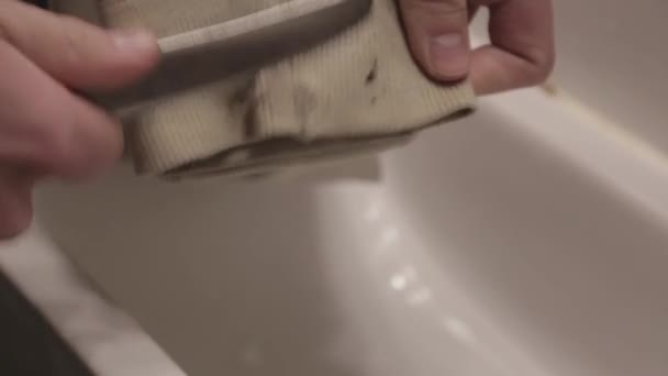 Removing Stain Cloth Using Dull Knife Close — Stock Video