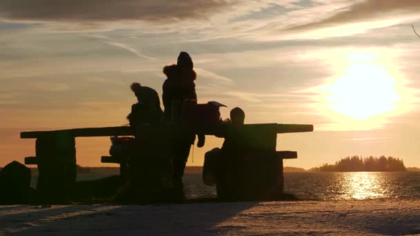 Silhouettes Mother Kids Having Picnic Shore Golden Winter Sunset — Stock Video