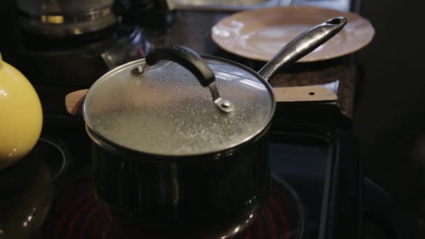Boiling Pot Water Medium Fire Close Shot — Stock Video