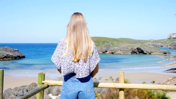 Giovane Ragazza Bionda Dal Retro Guardando Una Bella Spiaggia Con — Video Stock