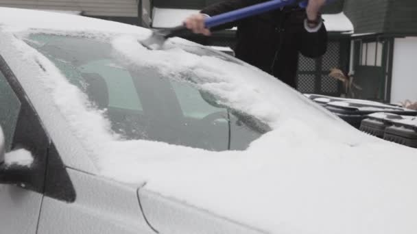 Schrapen Van Het Dikke Ijs Voorruit Van Auto Close Schot — Stockvideo