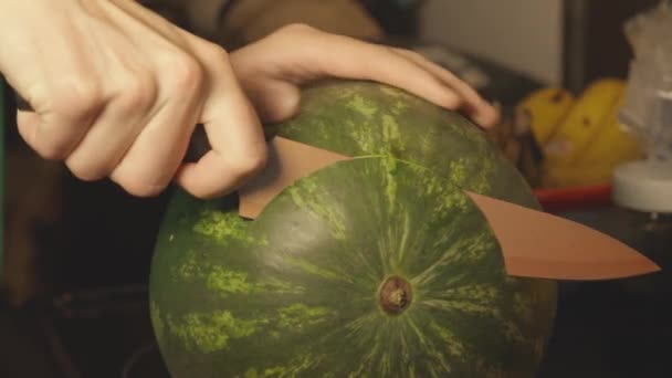 Hand Holding Sharp Knife Slicing Ends Watermelon Closeup Shot — Stock Video