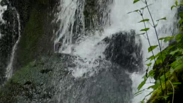 Zblízka voda z vodopádu narážející na skálu. Rychle tekoucí voda naráží na tmavou skálu pod vodopádem v tropickém lese.