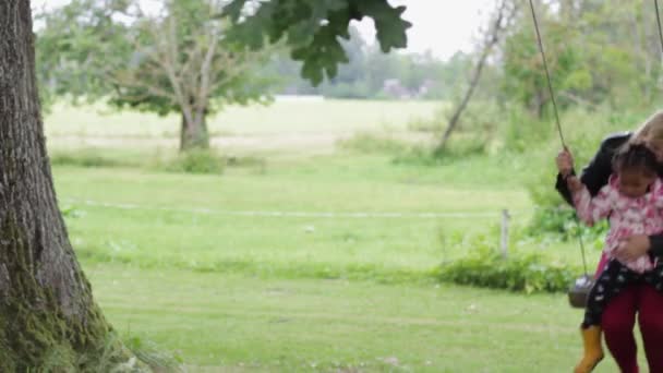 Scène Douce Famille Mixte Heureuse Jouant Plein Air Sur Swing — Video