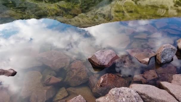 澄んだ水と高山湖の岩 山の斜面やピークの美しい反射 緑の植生 夏のピリンの白い雲と青い空 傾斜アップ — ストック動画