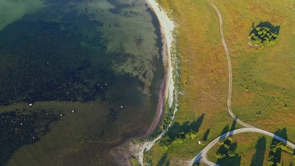Vista Sandbybadet Terra Suécia Composta Campo Verde Águas Transparentes Durante — Vídeo de Stock
