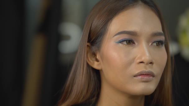 Ohromující model s make-up a prášek kartáčované na její tváři ve studiu od profesionálního umělce