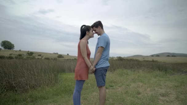 在绿草地上谈恋爱的年轻夫妇 — 图库视频影像