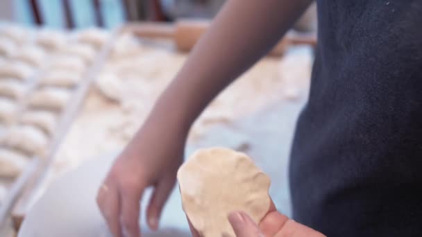 家で餃子を作る女性 ケーキを形成し 詰め物を置く — ストック動画