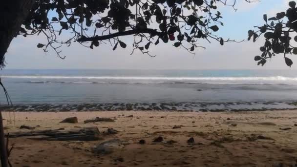 木製のスイングを持つ静かな朝のビーチは 美しいオープンオーシャンから日の出を背景にぶら下がっています — ストック動画