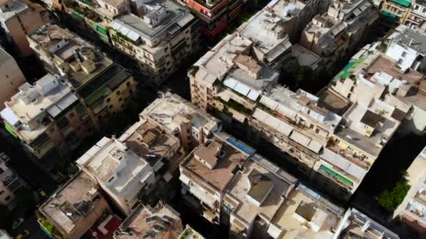 Aerial Athens Rooftops Yellow Taxi Driving Narrow Streets — Stock Video