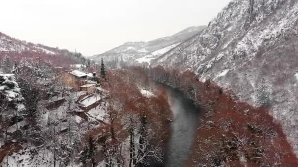 Flygskott Över Snöig Flod Östra Europa — Stockvideo