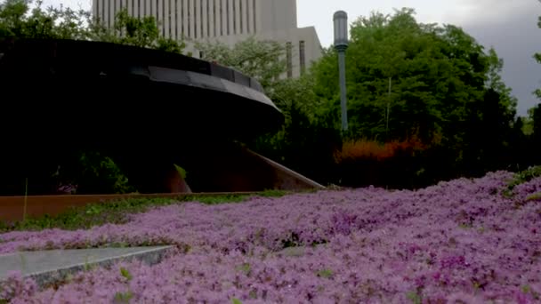 Vanuit Tuinen Een Park Kantelen Tot Een Hoge Moderne Hoogbouw — Stockvideo