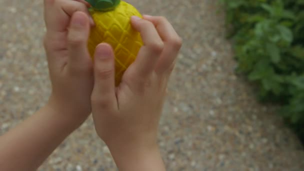 Küçük Bir Kız Tarafından Sıkıştırılan Ananas Ezmesinin Yakın Çekim Görüntüsü — Stok video