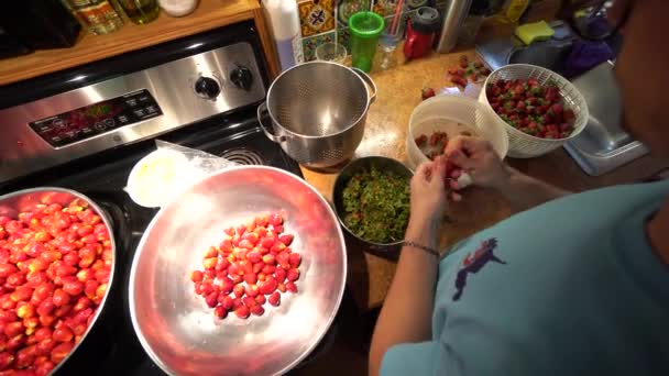 Weitwinkelaufnahme Über Die Schulter Einer Person Die Erdbeeren Entkernt — Stockvideo
