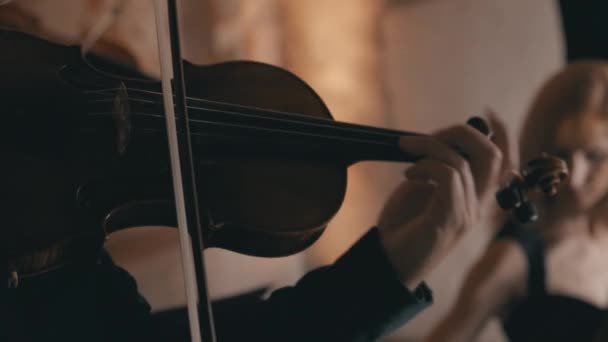 Detailní Záběr Mužského Houslisty Hrajícího Housle Smyčcovém Kvartetu Violoncellistkou Pozadí — Stock video