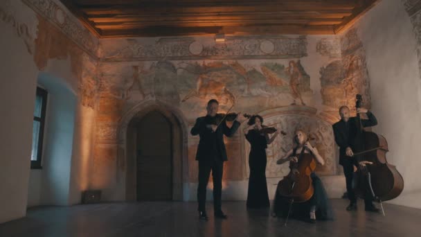 中世風の部屋でゆっくりと演奏する弦楽四重奏団の低幅の角度ショット — ストック動画