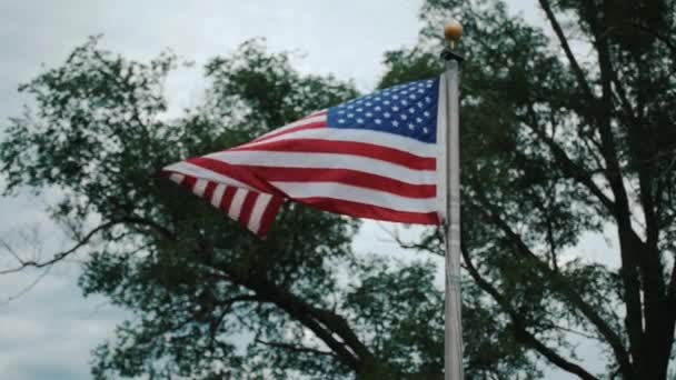 Usa Flagga Flaggstång Flaxar Vinden Framför Gröna Träd Med Bilden — Stockvideo