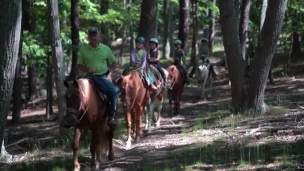 Long Line Men Little Girls Horses Riding Forest — Stock Video