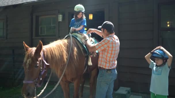 Horse Handler Pomáhá Malé Holčičce Její Třmenem Před Odesláním Cestu — Stock video