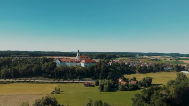 Aerial Drone Shot Panning Monastery Germany Top Hill — Stock Video