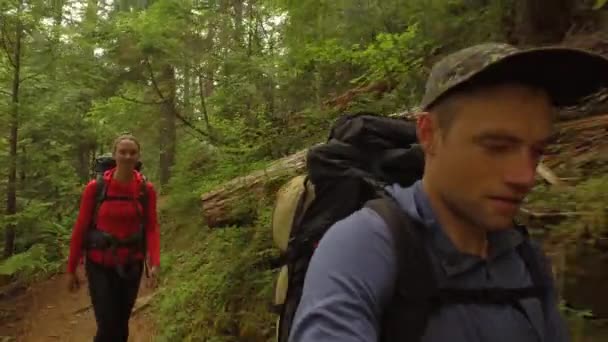 一对徒步旅行的夫妇在森林里的小径上自拍了一段视频 — 图库视频影像