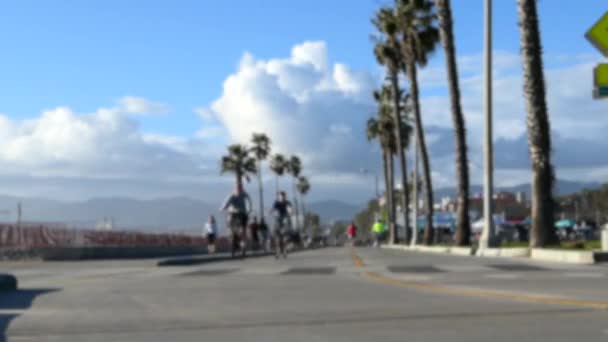 Размытый Снимок Бегунов Велосипедов Скейтбордов Пляже Санта Монике Калифорния — стоковое видео