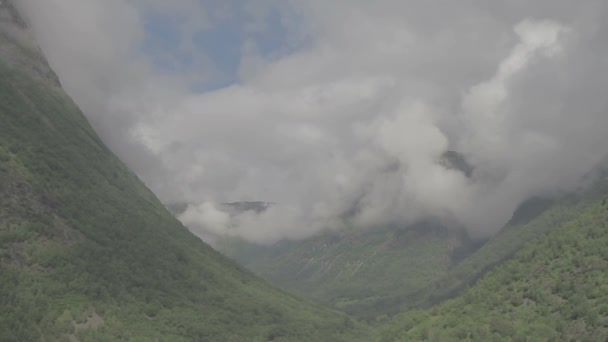 Hermoso Fiordo Noruega Cloud Filled Valley Tracking Shot Log — Vídeos de Stock