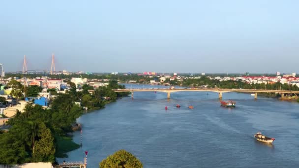 Tiro Aéreo Ponte Amizade Thailao Sobre Rio Mekong — Vídeo de Stock