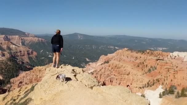 サウスダコタ州の悪地で小さな犬のハイキングを持つ熟女 — ストック動画