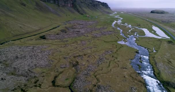 Εναέρια Λήψη Χορτολιβαδικών Εκτάσεων Ποτάμι Στην Ισλανδία — Αρχείο Βίντεο